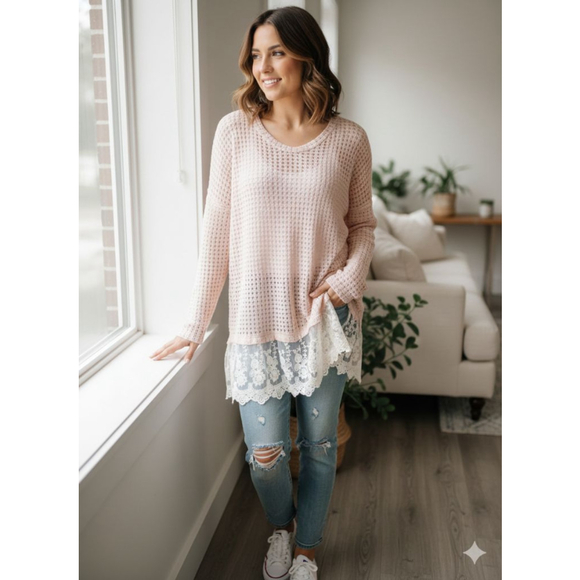 entro Sweaters - Entro Pink V-Neck Sweater with White Lace Trim, Size M tunic super soft